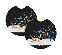 WHJDPP Books surrounded by butterflies Pattern Car Coasters Set of 2 - Durable Rubber Cup Holder Protectors, Waterproof & Odorless for All Vehicles