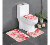 WHJDPP Bright Red Flower Printing 3 Pcs Bathroom Anti-Slip Mat Set 24x16in Rectangular, U-Shaped & Oval Rugs for Toilet, Vanity & Bath