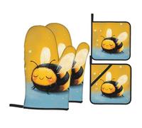 WHJDPP Chubby Little Bee Prints Kitchen Baking 4-Piece Set with Heat Resistant Pot Holders & Oven Mitts - Waterproof Layer for Easy Clean, Great for Grilling & Baking