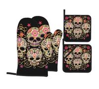 WHJDPP Day Of The Dead Skull Prints Kitchen Baking 4-Piece Set with Heat Resistant Pot Holders & Oven Mitts - Waterproof Layer for Easy Clean, BBQ Grill & Dishware Protection