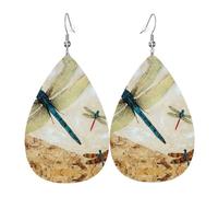 WHJDPP Dragonfly Flying Prints Teardrop Leather Earrings - Lightweight Dangle Earrings for Women, Vivid Faux Leather Drops with Silver Plated Hooks, Eye-Catching Party