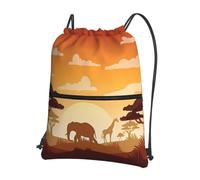 WHJDPP Elephant and Giraffe in The Sunset Prints Drawstring Zipper Backpack - Lightweight Water-Resistant Sport Gym Bag with Front Pocket & Internal Organizer - Ideal for Travel, Yoga, and Hiking