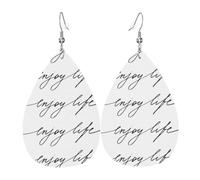 WHJDPP Enjoy Life Handwritten Black Text Prints Teardrop Leather Earrings - Lightweight Dangle Earrings for Women, Vivid Faux Leather Drops with Silver Plated Hooks, Eye-Catching Party