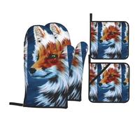 WHJDPP Fox Painted Art Oven Mitts and Pot Holders Set, Waterproof Polyester, Black, 21x21 cm, 4 Piece