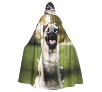 WHJDPP Funny Happy Pug Dog Prints Hooded Cloak for Halloween, Role-playing, and Costume Parties - Comfortable and Durable