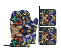 WHJDPP Hand drawn color butterfly Prints Kitchen Baking 4-Piece Set with Heat Resistant Pot Holders & Oven Mitts - Waterproof Layer for Easy Clean, Great for Grilling & Baking