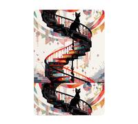 WHJDPP Little black cat on the spiral staircase Picture Tin decorative painting 8x12in Made of tinplate, wear-resistant and durable