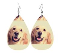 WHJDPP Lovely Golden Retriever Dog Prints Teardrop Leather Earrings - Lightweight Dangle Earrings for Women, Vivid Faux Leather Drops with Silver Plated Hooks, Eye-Catching Party