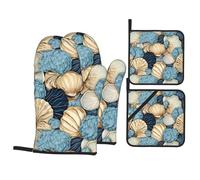 WHJDPP Ocean Shell Art Prints Kitchen Baking 4-Piece Set with Heat Resistant Pot Holders & Oven Mitts - Waterproof Layer for Easy Clean, Great for Grilling & Baking