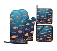 WHJDPP Ocean Underwater Fish Prints Kitchen Baking 4-Piece Set with Heat Resistant Pot Holders & Oven Mitts - Waterproof Layer for Easy Clean, Great for Grilling & Baking