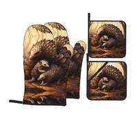 WHJDPP Pangolin Parenting Prints Kitchen Baking 4-Piece Set with Heat Resistant Pot Holders & Oven Mitts - Waterproof Layer for Easy Clean, Great for Grilling & Baking