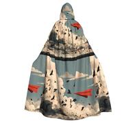 WHJDPP Paper Airplanes and Birds Printed Halloween Adult Hooded Cape Cloak with Bow Tie for Costume Parties, Cosplay