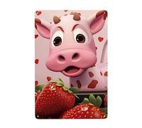 WHJDPP Pink Cow with Strawberries Picture Tin decorative painting 8x12in Made of tinplate, wear-resistant and durable