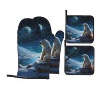 WHJDPP Polar Bear Looking At The Stars Prints Kitchen Baking 4-Piece Set with Heat Resistant Pot Holders & Oven Mitts - Waterproof Layer for Easy Clean, Great for Grilling & Baking