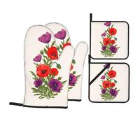 WHJDPP poppy flower Prints Kitchen Baking 4-Piece Set with Heat Resistant Pot Holders & Oven Mitts - Waterproof Layer for Easy Clean, BBQ Grill & Dishware Protection