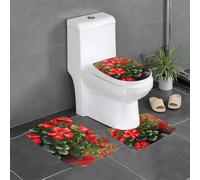 WHJDPP Red Geraniums Printing 3 Pcs Bathroom Anti-Slip Mat Set 24x16in Rectangular, U-Shaped & Oval Rugs for Toilet, Vanity & Bath
