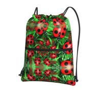 WHJDPP Red Ladybug Prints Drawstring Backpack - Lightweight Water-Resistant Sport Bag with Zipper Pocket - Gym, Travel, Yoga & Hiking