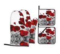 WHJDPP Red Poppy Flower Prints Kitchen Baking 4-Piece Set with Heat Resistant Pot Holders & Oven Mitts - Waterproof Layer for Easy Clean, BBQ Grill & Dishware Protection