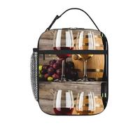 WHJDPP Red Wine Galsses & Grapes with Wooden Pattern Portable Handheld Insulated Lunch Bag Suitable for Students to Work and Travel