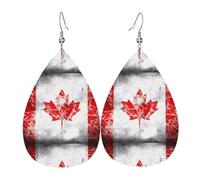 WHJDPP Retro Canada Flag Prints Teardrop Leather Earrings - Lightweight Dangle Earrings for Women, Vivid Faux Leather Drops with Silver Plated Hooks, Eye-Catching Party