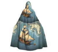 WHJDPP Sailboat drifting on the sea Map Printed Halloween Adult Hooded Cape Cloak with Bow Tie for Costume Parties, Cosplay