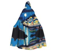 WHJDPP Seaside town Printing Halloween Adult Hooded Cape Cloak for wear during Halloween, role-playing