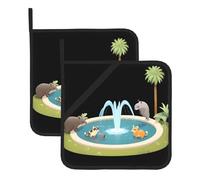 WHJDPP Small Animals Playing by The Fountain Printing Square Insulated Pot Mat 2 Pieces Featuring a Convenient Side Hanging Rope for Easy Storage