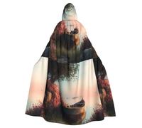 WHJDPP Small boat on the lake shore Printed Halloween Adult Hooded Cape Cloak with Bow Tie for Costume Parties, Cosplay