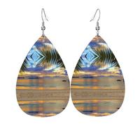 WHJDPP Sunset at The Beach Prints Teardrop Leather Earrings - Lightweight Dangle Earrings for Women, Vivid Faux Leather Drops with Silver Plated Hooks, Eye-Catching Party