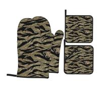 WHJDPP Tiger Stripe Camo Prints Kitchen Baking 4-Piece Set with Heat Resistant Pot Holders & Oven Mitts - Waterproof Layer for Easy Clean, BBQ Grill & Dishware Protection