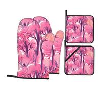 WHJDPP Tropical Tree Pink Prints Kitchen Baking 4-Piece Set with Heat Resistant Pot Holders & Oven Mitts - Waterproof Layer for Easy Clean, Great for Grilling & Baking
