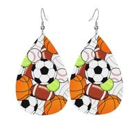 WHJDPP Various sports balls Prints Teardrop Leather Earrings - Lightweight Dangle Earrings for Women, Vivid Faux Leather Drops with Silver Plated Hooks, Eye-Catching Party
