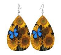 WHJDPP Yellow Sunflowers with Blue Butterflies Prints Drip Earrings - Faux Leather Charms for Women - Lightweight Dangling Jewelry - Party & Holiday Accents