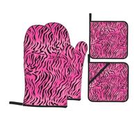 WHJDPP zebra tiger leopard pink Prints Kitchen Baking 4-Piece Set with Heat Resistant Pot Holders & Oven Mitts - Waterproof Layer for Easy Clean, BBQ Grill & Dishware Protection