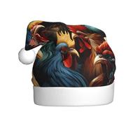 WHJHBD colorful roosters standing together Printed Men's and women's plush Christmas hats, adult New Year's holiday party caps