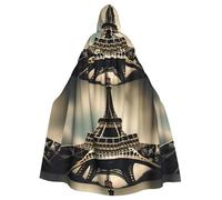 WHJHBD Vintage Style Eiffel Tower Paris Printing Halloween Adult Hooded Cape Cloak with Bow Tie for Costume Parties, Cosplay