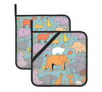 WHJSHOP Animal Enlightenment Collection Pattern Square Insulated Pot Mat 2 Pieces Featuring a Convenient Side Hanging Rope for Easy Storage