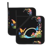 WHJSHOP Beautiful Flowers Rainbow Bridge Pattern Square Insulated Pot Mat 2 Pieces Featuring a Convenient Side Hanging Rope for Easy Storage
