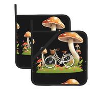 WHJSHOP Bicycle in The Mushroom Garden Pattern Square Insulated Pot Mat 2 Pieces Featuring a Convenient Side Hanging Rope for Easy Storage
