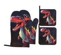 WHJSHOP Big-mouthed Dinosaur Prints Oven Mitts & Pot Holders Set - Waterproof Kitchen Layers & Heat Resistant - Durable Covers for Safe Cooking & Easy Cleanup