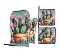 WHJSHOP Blooming Cactus Prints Oven Mitts & Pot Holders Set - Waterproof Kitchen Layers & Heat Resistant - Durable Covers for Safe Cooking & Easy Cleanup