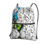 WHJSHOP Blue butterfly green butterfly and stone Prints Drawstring Zipper Backpack - Lightweight, Waterproof Gym Bag for Travel, Yoga & Hiking