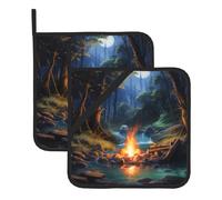 WHJSHOP Bonfire by The Stream Pattern Square Insulated Pot Mat 2 Pieces Featuring a Convenient Side Hanging Rope for Easy Storage