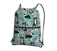 WHJSHOP Border Collie Florals Prints Drawstring Zipper Backpack - Lightweight Water-Resistant Gym Bag with Front Pocket & Interior Organizer for Travel, Yoga, & More