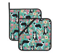 WHJSHOP Border Collie Florals Prints Square Pot Holders - Waterproof Kitchen Covers for Hot Dishes & Pans, Durable Heat Resistant Pads with Hanging Loop - 2 Pack (1 with Pocket)