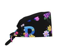 WHJSHOP Breathable Work Hat Gradient Blue Letters and Flowers Printing for Chef, Nursing, Spa, Facial Care, Fitness