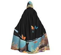 WHJSHOP Butterflies and Sea Lions Pattern Adult Hooded Cape Cloak for Halloween, Role-playing, and Costume Parties