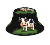 WHJSHOP Cartoon Cow Eating Grass Picture Reflective Bucket Hat f- Fashionable Double-Sided Design for Sun Protection and Style Black, Black, One Size