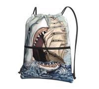 WHJSHOP Cartoon Fish Eating Ship in Ocean Sea Prints Drawstring Zipper Backpack - Lightweight Water-Resistant Gym Bag with Front Pocket & Interior Organizer for Travel, Yoga, & More