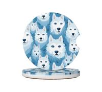 WHJSHOP Ceramic Car Coasters 2 Pcs | Non-Slip Cork Bottom, Accessories for Women Car Interior Gift Blue Eyed White Husky Prints